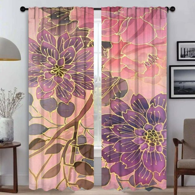 Zweiteiliges Tüll-Fenstervorhang-Set mit Blumenmuster in Mehrfarbig, semi-transparent, Breite: 50 cm, Höhe: 70 cm - Bild 1