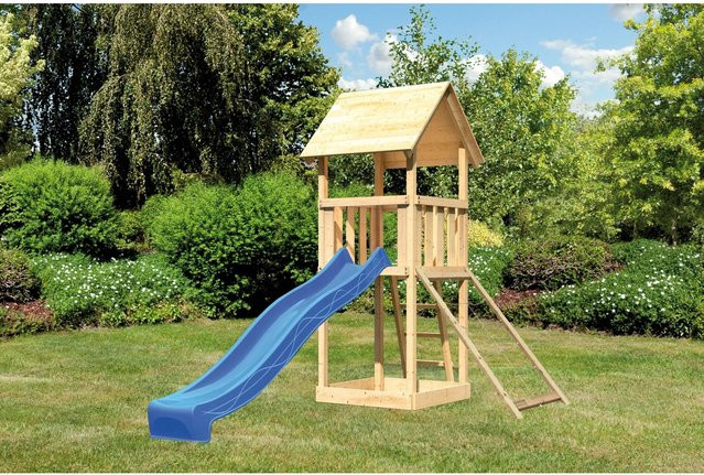 Karibu Spielturm Lotti aus Fichtenholz mit Satteldach, Netzrampe und Rutsche in Blau - Bild 1