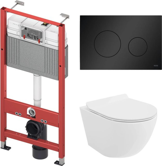 Tece Bad Land WC Set mit Vorwandelement TECEbase, Wandtoilette ROLO in Weiß und runder Spültaste in Schwarz mit Soft-Close-Funktion - Bild 1