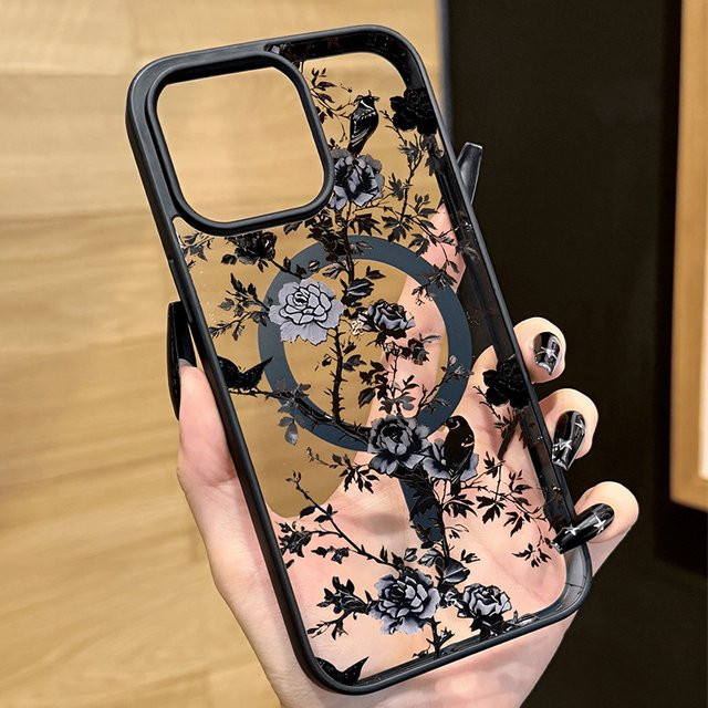Magnetische iPhone Hülle mit Blumenmuster in Schwarz und Orange für Apple iPhone 17 Pro Max, 16, 15, 14, 13, 12 und 11 Modelle - Bild 1