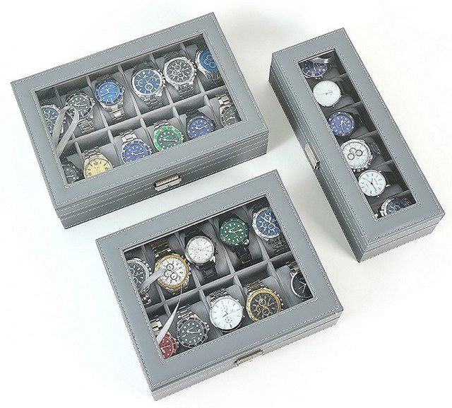 DELESYS Schmuckorganizer und Uhrenbox aus PU Leder mit Glasdeckel und Schloss in Grün/Grau - Bild 1