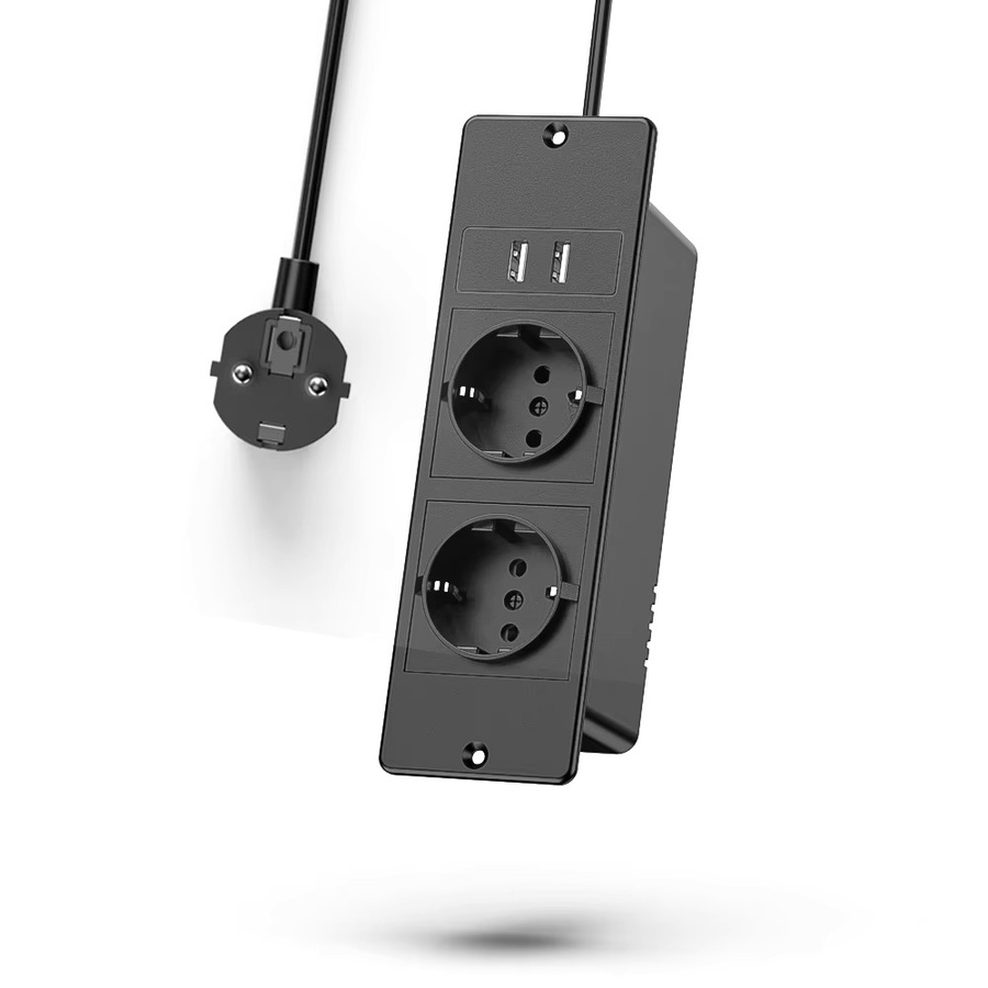 Eingebettete Steckdosenleiste in Schwarz mit 2 AC-Steckdosen, 2 USB-Anschlüssen und 1,5 m Kabel für Büro- und Konferenztische - Bild 3