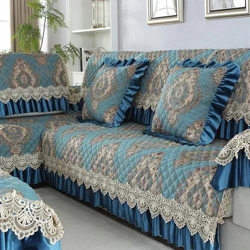 BC-Warm Home Universal-Sofabezug im europäischen Stil mit großem Rock, rutschfeste Sofamatte aus Baumwolle und Leinen mit floralem Jacquard-Muster in Blau, B/T/H: 210 x 90 x 18 cm - Bild 1