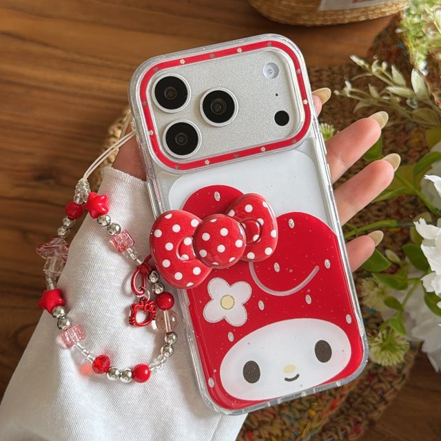 My Melody 3D Schleifenknoten Handyhülle für Apple iPhone 17 16 15 14 Pro Max 13, Stoßfeste TPU Schutzhülle mit Kette, Rot - Bild 1