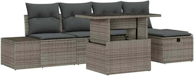 vidaXL 6-tlg. Garten-Sofagarnitur aus Polyrattan in Grau mit Kissen für Terrasse und Balkon - Bild 1