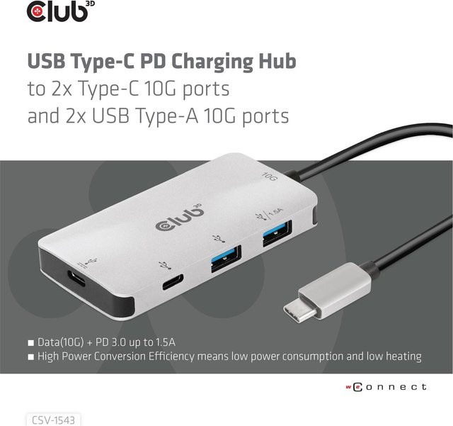 Club3D USB-C Hub mit 2 x USB 3.1 Gen 2 und 2 x USB-C 3.1 Gen 2, Farbe: Silber - Bild 1