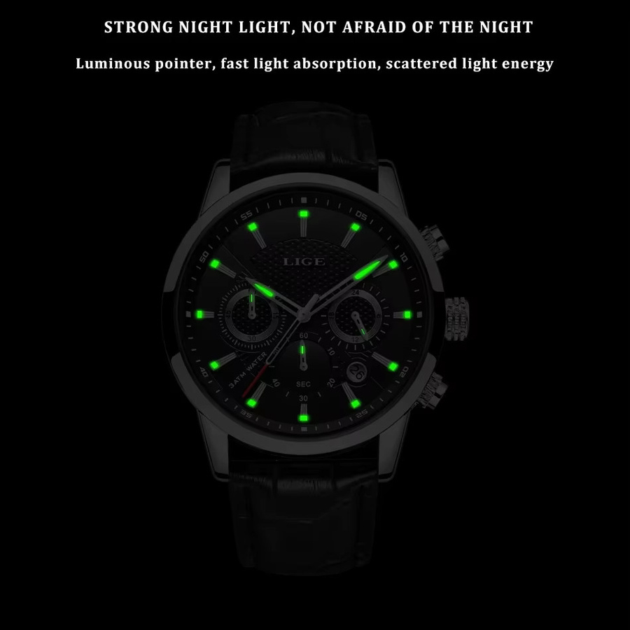 LIGE Chronograph, Quarz, Leder, Schwarz, Herren - Bild 5