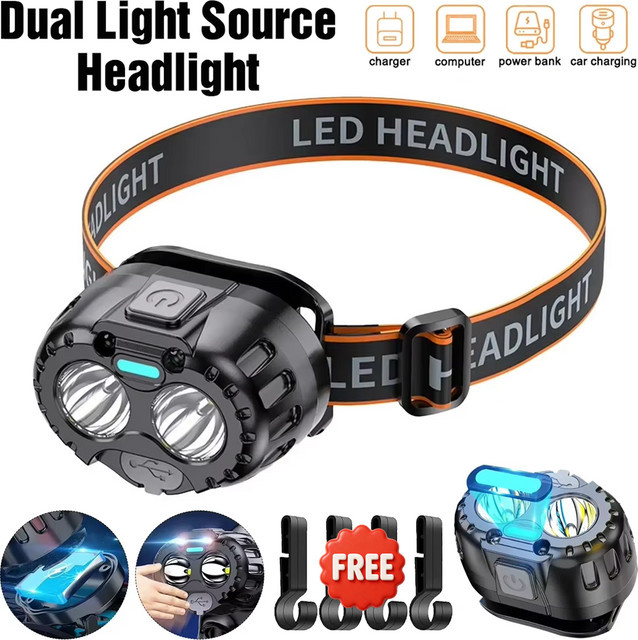 KDULIT LED-Stirnlampe in Schwarz, USB wiederaufladbare Kopf-Taschenlampe für Outdoor, Camping und Angeln - Bild 1