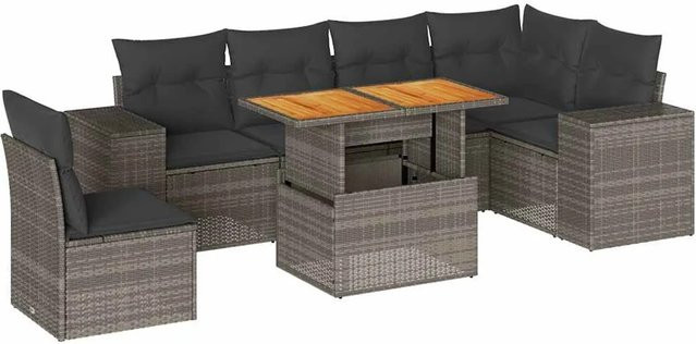 vidaXL 7-teilige Garten-Sofagarnitur aus Poly-Rattan und Akazienholz in Grau mit Kissen - Bild 1