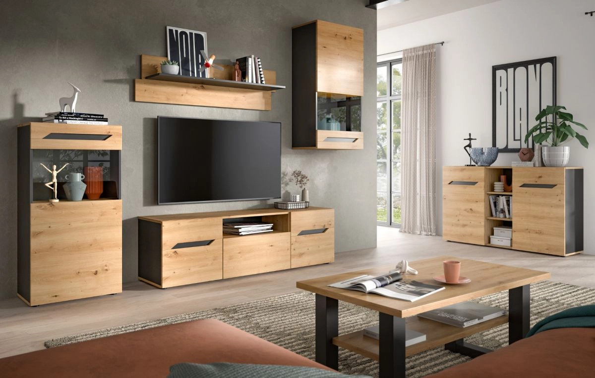 Moderne Wohnwand Aversa in Eiche und Grau mit Vitrine und Lowboard, Breite: 254 cm - Bild 4