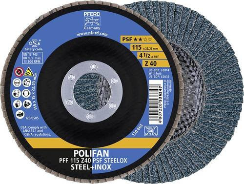 PFERD Polifan PSF Steelox Fächerschleifscheibe für Stahl und Edelstahl, Farbe: Blau, Durchmesser: 115 mm, Bohrungs-Ø: 22,23 mm, Körnung: 40, 10 Stück - Bild 1