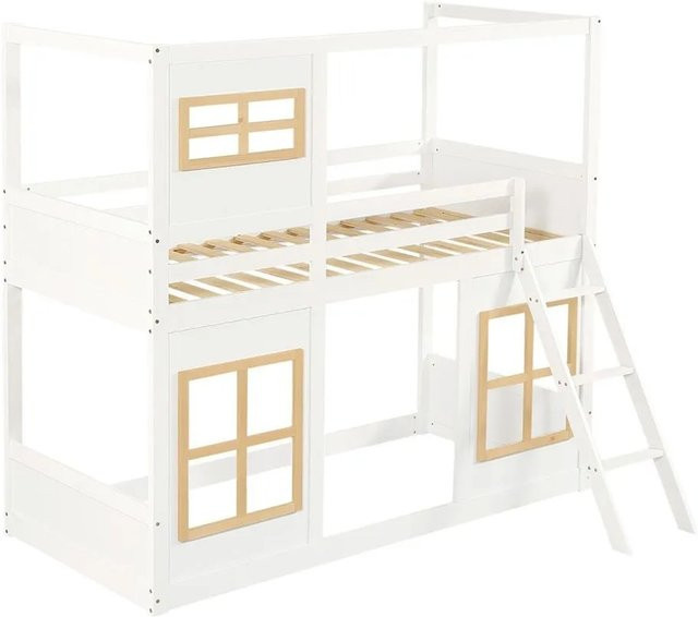 KOMHTOM Etagenbett für Kinder aus Kiefernholz, MDF und Sperrholz mit Fenster, Leiter und vierseitigem Schutzgitter, Weiß und Natur, B/T/H: 90 x 200 x 152,5 cm - Bild 1