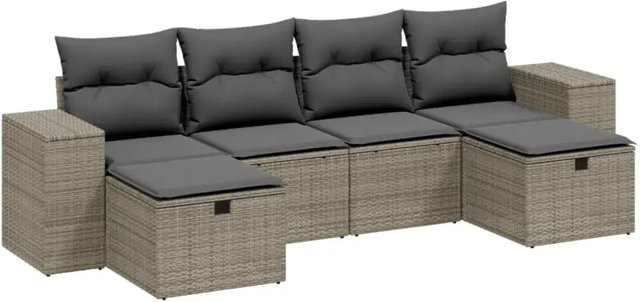 vidaXL 6-teilige Garten-Sofagarnitur in L-Form mit Polsterkissen, Grau, Poly-Rattan und Metallgestell - Bild 1