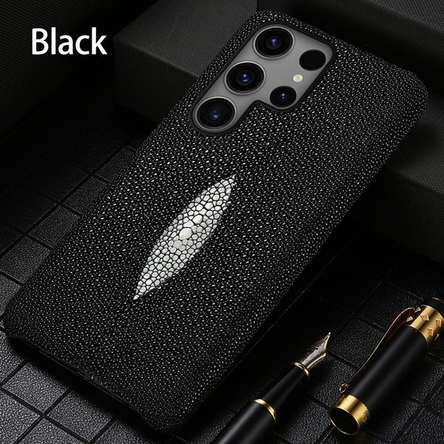Echte Rochenleder Handyhülle für Samsung Galaxy S25 S24 S23 Ultra S22 Plus A55 5G in Schwarz - Bild 1