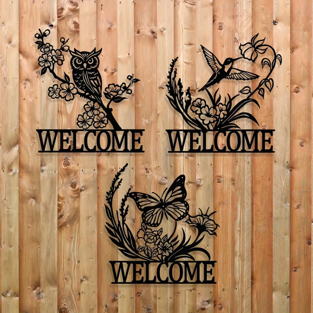 CIFBUY Wandkunst aus Metall in Schwarz mit Eulen-, Schmetterlings- und Kolibri-Motiv für minimalistische Außendekoration - Bild 1