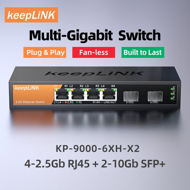 KeepLiNK 6-Port Multi-Gigabit Unmanaged Switch mit 4 x 2,5 GbE und 2 x 10 G SFP+ in Schwarz - Bild 1