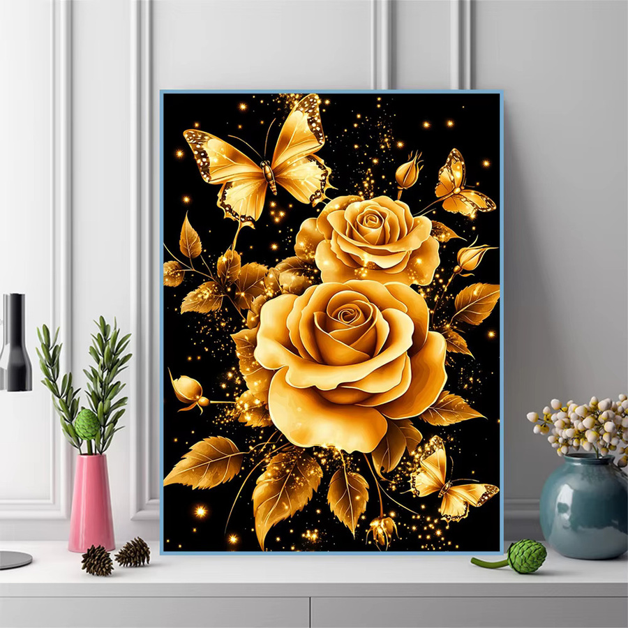 EverShine Diamant-Gemälde Rosenbild mit Schmetterling und Strasssteinen in Gold, Bastelset für Erwachsene - Bild 3