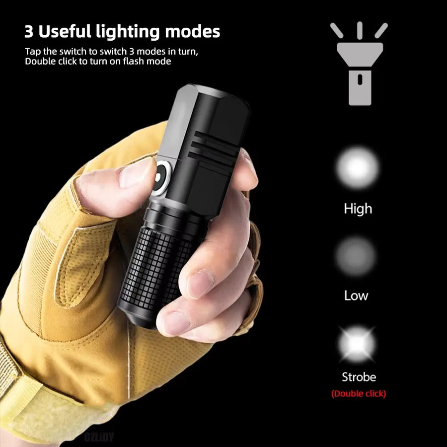 JIASHUAIXIN Mini-Taschenlampe XHP50 LED mit 1500lm, wiederaufladbare Metall-Taschenlampe in Schwarz - Bild 3