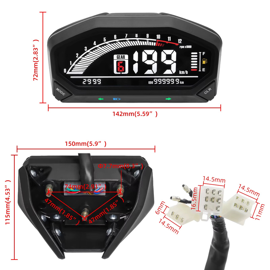 RYSJM Digitaler Motorrad Tachometer mit LED LCD Display und Hintergrundbeleuchtung in Schwarz für 1, 2 oder 4 Zylinder - Bild 6