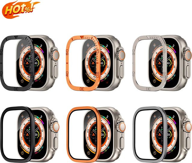 CAOWTAN Displayschutzfolie für Apple Watch Ultra 3 49mm, Metallrahmen, gehärtetes Glas, Silber - Bild 1
