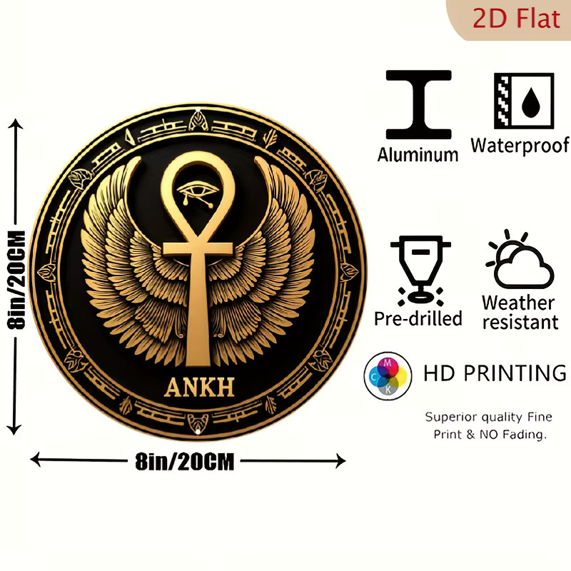 Potdemiel Ägyptisches Ankh-Symbol und Horus Wanddekoration aus Metall, kreisförmig, Gold auf Schwarz, Durchmesser: 20 cm - Bild 2