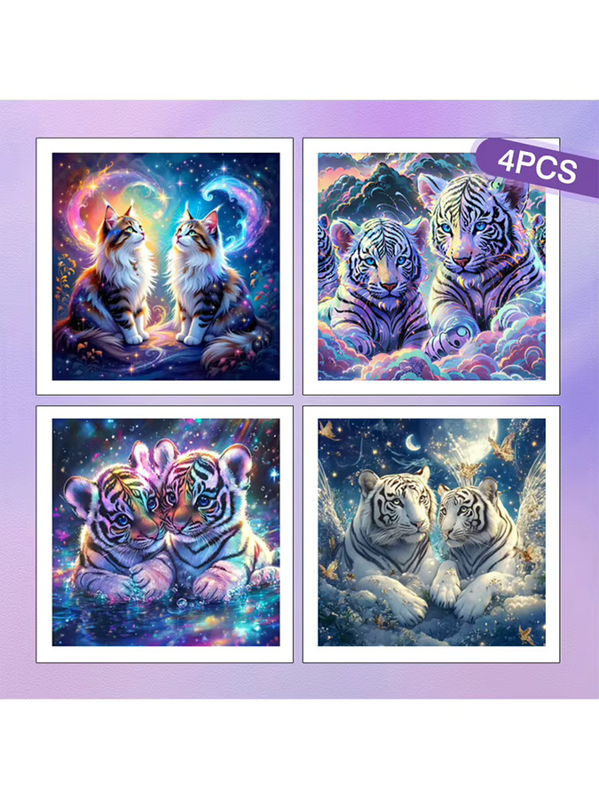 HUACAN 4er Set Diamantmalerei Tiger Tier als DIY Stickerei mit runden Strasssteinen in Multicolour - Bild 2