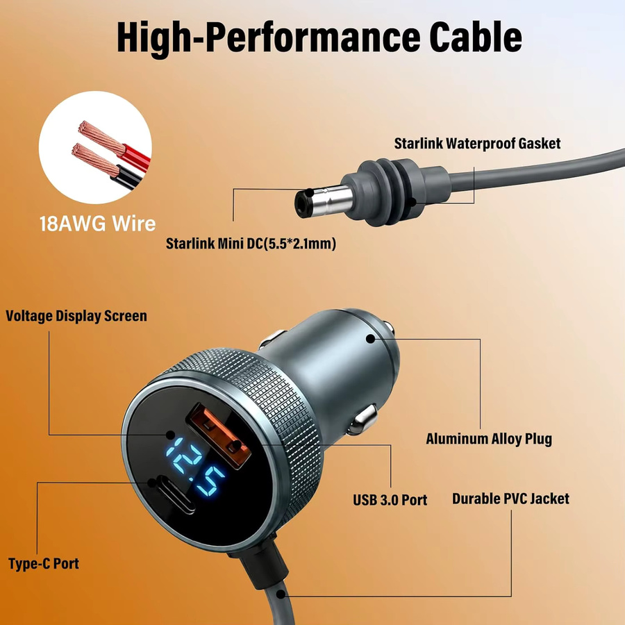 Autoladegerät für Starlink Mini mit USB-C Anschluss und Digitalanzeige, 3 Meter DC-Stromkabel als Zigarettenanzünder-Adapter, Schwarz - Bild 5