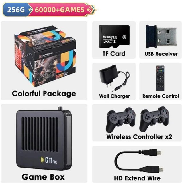 G11 Pro Spielebox Videospielkonsole mit 256 GB Speicher und 60.000 Retro-Spielen, 4K HD TV-Spiele-Stick in Schwarz inklusive 4 kabellosen 2,4 GHz Gamepads - Bild 1
