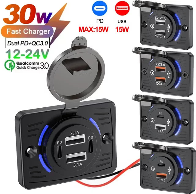 USB-Steckdose mit 2–4 Ports für Bus, ATV und LKW, Schwarz, PD 30 W Typ C und QC 22,5 W Schnellladung mit QC3.0 - Bild 1