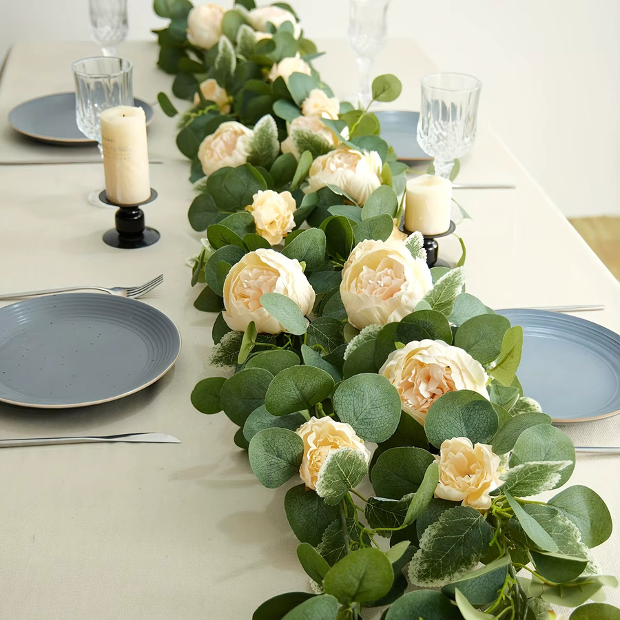 Künstliche Pfingstrosen-Rosenrebe als floraler Wandbehang in Grün, Gold und Pink für Hochzeiten - Bild 6