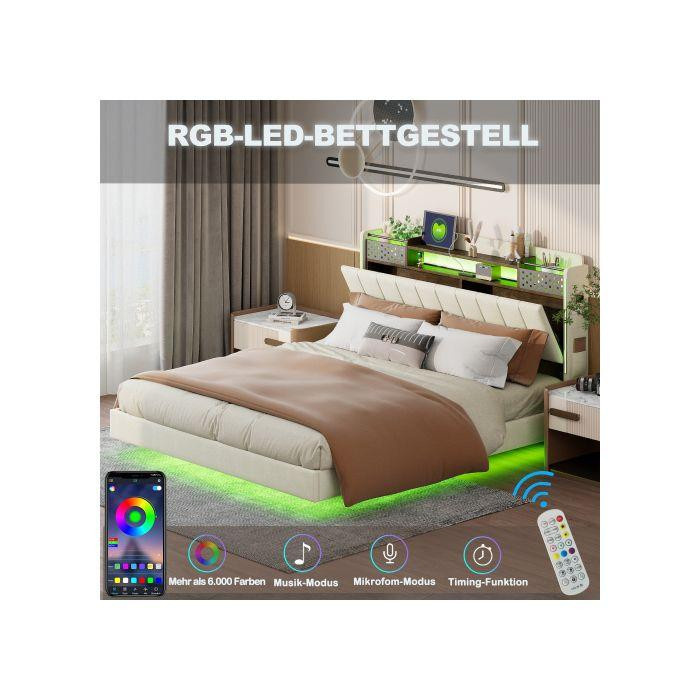 Gepolstertes Bett MUVOE in Beige mit Leinenstoff, LED-Beleuchtung und USB-Anschluss, B/T: 160 x 200 cm - Bild 2