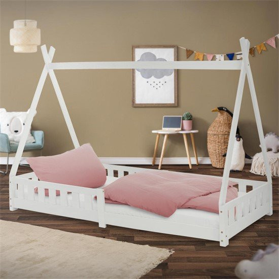 ML-Design Kinderbett Tipi aus Kiefernholz mit Rausfallschutz und Lattenrost, Weiß, B: 90 cm, L: 200 cm, H: 156 cm - Bild 1