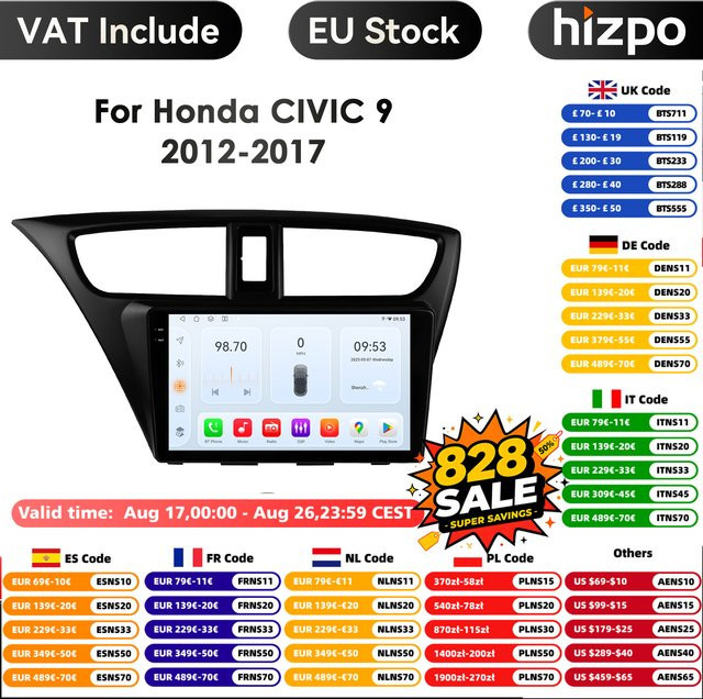 HIZPO Android 14 Auto Radio Multimedia Video Player mit 9 Zoll Display für Honda Civic 9 FK FB 2012 - 2017, GPS, Carplay und 4G, Schwarz - Bild 1
