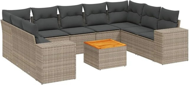 vidaXL 10-tlg. Garten-Sofagarnitur in L-Form aus grauem Poly-Rattan mit Kissen und pulverbeschichtetem Stahlgestell - Bild 1
