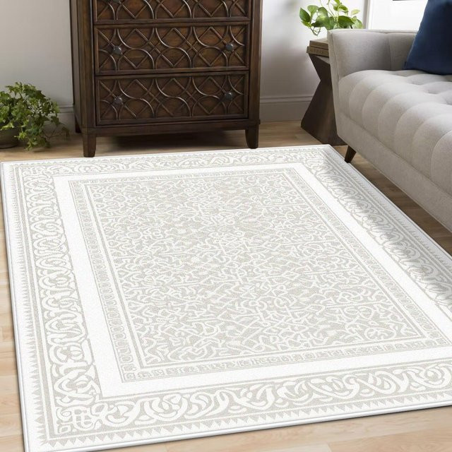 Waschbarer Retro Teppich im Boho-Design für Wohnzimmer und Schlafzimmer, Beige, B x T: 160 x 200 cm - Bild 1