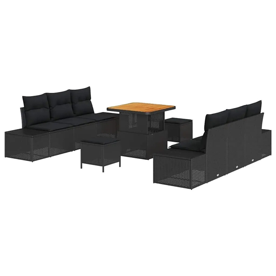 vidaXL 9-teiliges Garten-Sofaset aus Polyrattan und Akazienholz in Schwarz mit Kissen - Bild 2