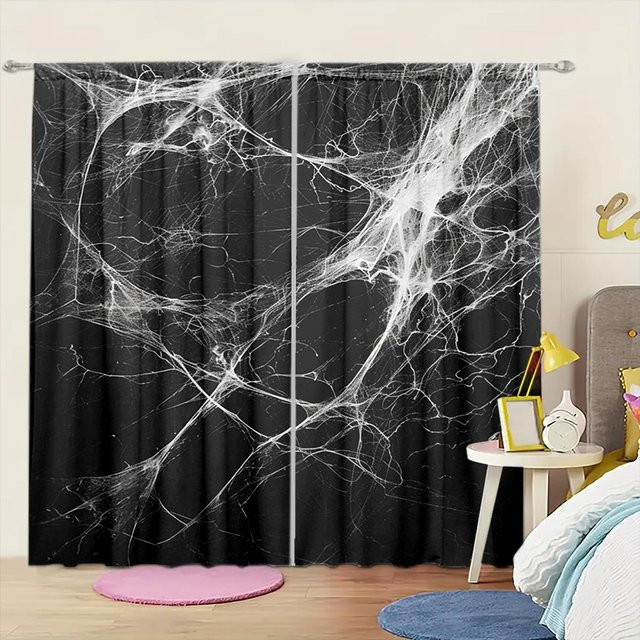 2er-Set Vorhänge mit Spinnennetz-Aufdruck in Grau, halbtransparent mit Stangentasche, B: 52,5 cm, H: 116 cm - Bild 1