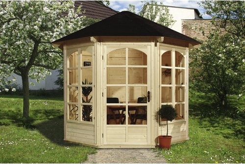 WEKA Sitzlaube achteckig in Beige mit Zeltdach, Sprossenfenstern und Massivholzboden, B/T: 336 x 365 cm - Bild 3