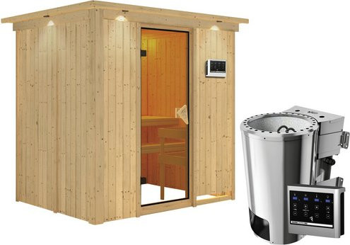 Karibu Sauna Kircholm aus Fichtenholz in Beige inklusive 3,6 kW Saunaofen mit externer Steuerung für 3 Personen, B/T/H: 202,0 x 165,0 x 210,0 cm - Bild 1