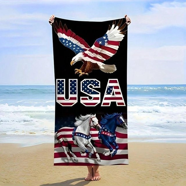 JMG Household Supplies Strandtuch mit USA Patriotischem Adler und Pferd Motiv, Polyester, schnelltrocknend und saugfähig, B/H: 80 x 160 cm, Multicolour - Bild 1