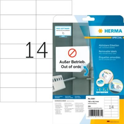 Herma Etiketten Nr. 5081, weiß, Papier, ablösbar und selbstklebend, 350 Stück, B: 10,5 cm, H: 4,23 cm - Bild 1