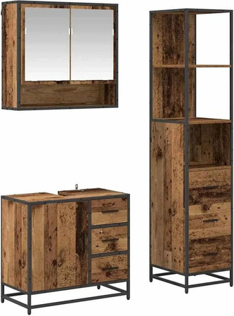 vidaXL Badezimmermöbel-Set 3-teilig in Altholz-Optik Braun mit Spiegelschrank, Waschtisch und Schrank mit Schubladen