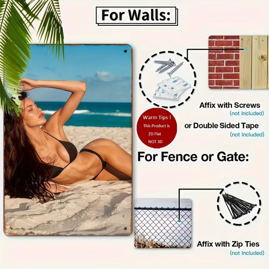 Vintage Wanddekoration aus Metall von CIFBUY mit Bikini-Mädchen am Strand, B/H: 20,3 x 30,5 cm - Bild 4