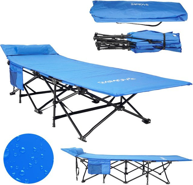 24MOVE Campingbett faltbares Feldbett mit Seitentasche und Kissen, Blau, B/H: 67 x 190 cm, Belastbarkeit bis 150 kg - Bild 1