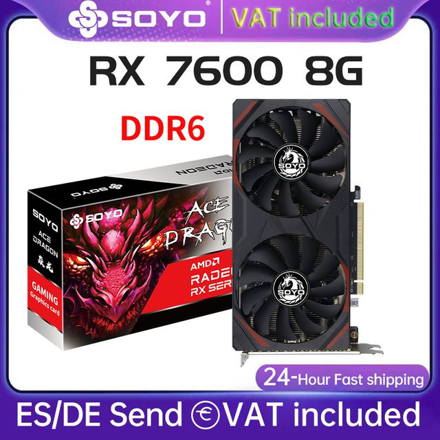 SOYO AMD Radeon RX 7600 Gaming-Grafikkarte mit 8 GB GDDR6-Speicher, 128 Bit und PCIe-Anschluss in Schwarz - Bild 1