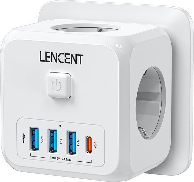 LENCENT 7-in-1 Steckdosenverlängerung in Weiß mit 3 AC-Steckdosen, USB-A und USB-C Ladeadapter 5V/3A sowie Ein-/Ausschalter - Bild 1