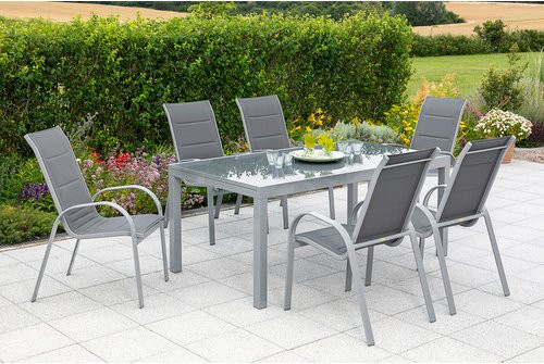 Merxx Gartenmöbelset Amalfi 7-teilig mit Tisch und 6 Stapelsesseln aus Aluminium und Textil in Grau/Silber, Tisch B: 180 cm bis 250 cm, T: 100 cm - Bild 1
