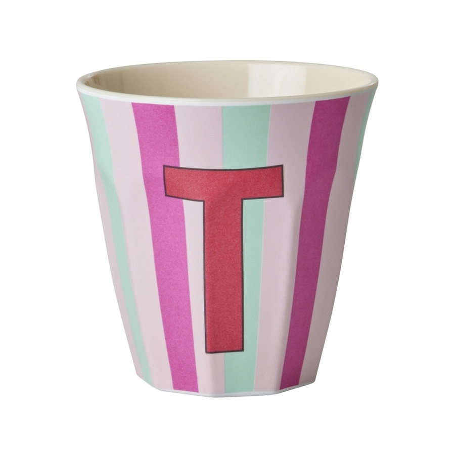 Rice Melamin Becher mit Streifen und Buchstabe T in Pink, 250ml - Bild 1