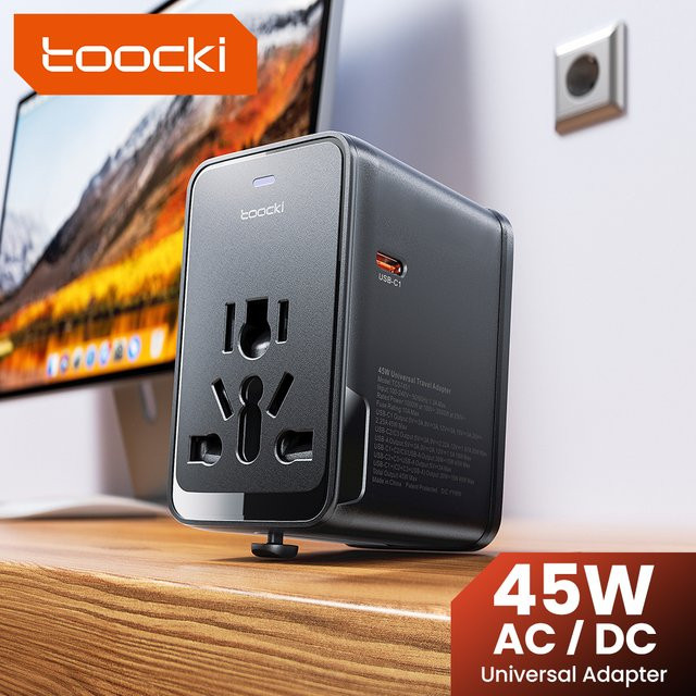 Toocki Universal-Reiseadapter GaN Schnellladegerät mit PD 45W USB-C, Schwarz, inkl. EU/UK/USA/AUS-Stecker - Bild 1