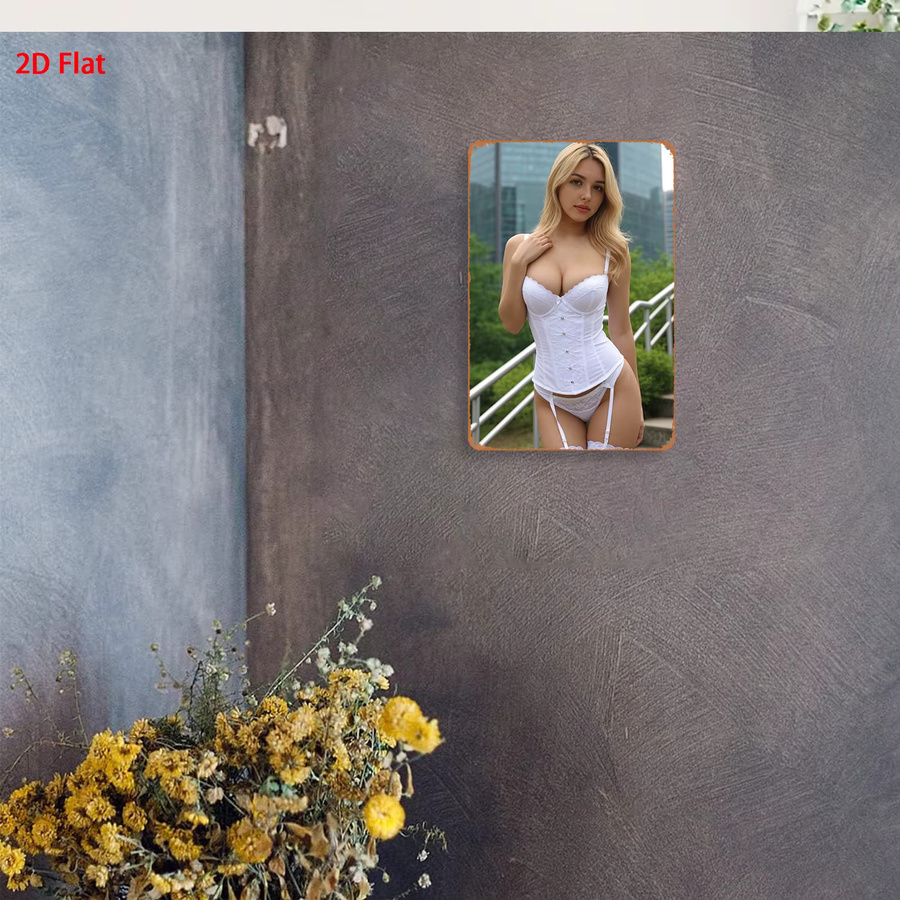Retro-Metallblechschild HELLOYOUNG mit Motiv Frau im weißen Korsett, Wandkunst in Weiß für Schlafzimmer und Bar - Bild 4